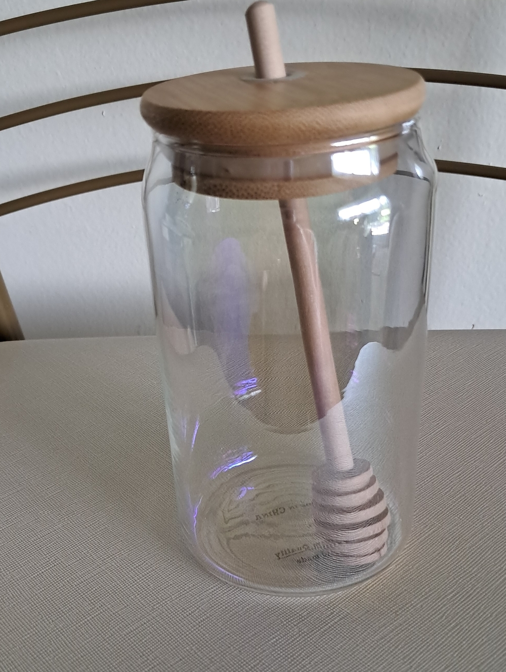 Irridescent Glass Honey Jar with Natural Wood Lid and Dipper